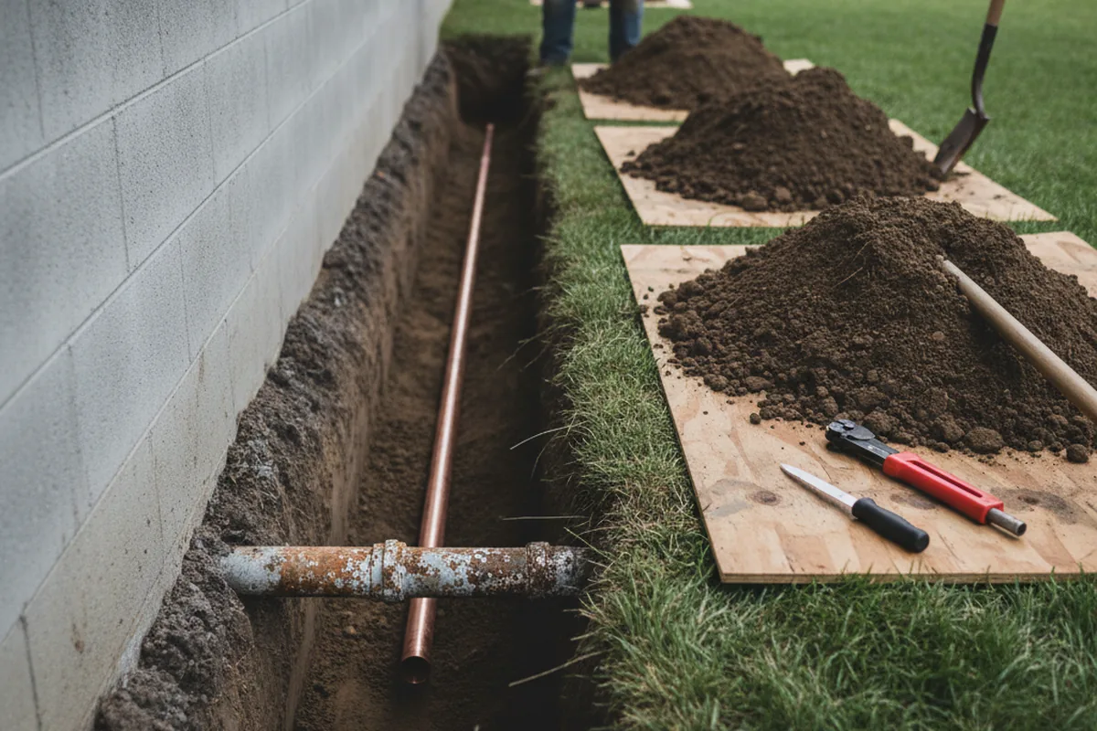 Excavated water line trench during Water Softener Installation in Laredo